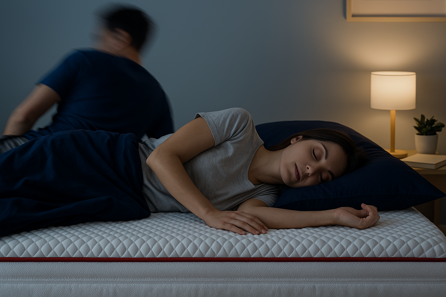 Personne dormant profondément alors que son compagnon bouge dans le lit illustrant ainsi l'indépendance de couchage des ressorts ensachés